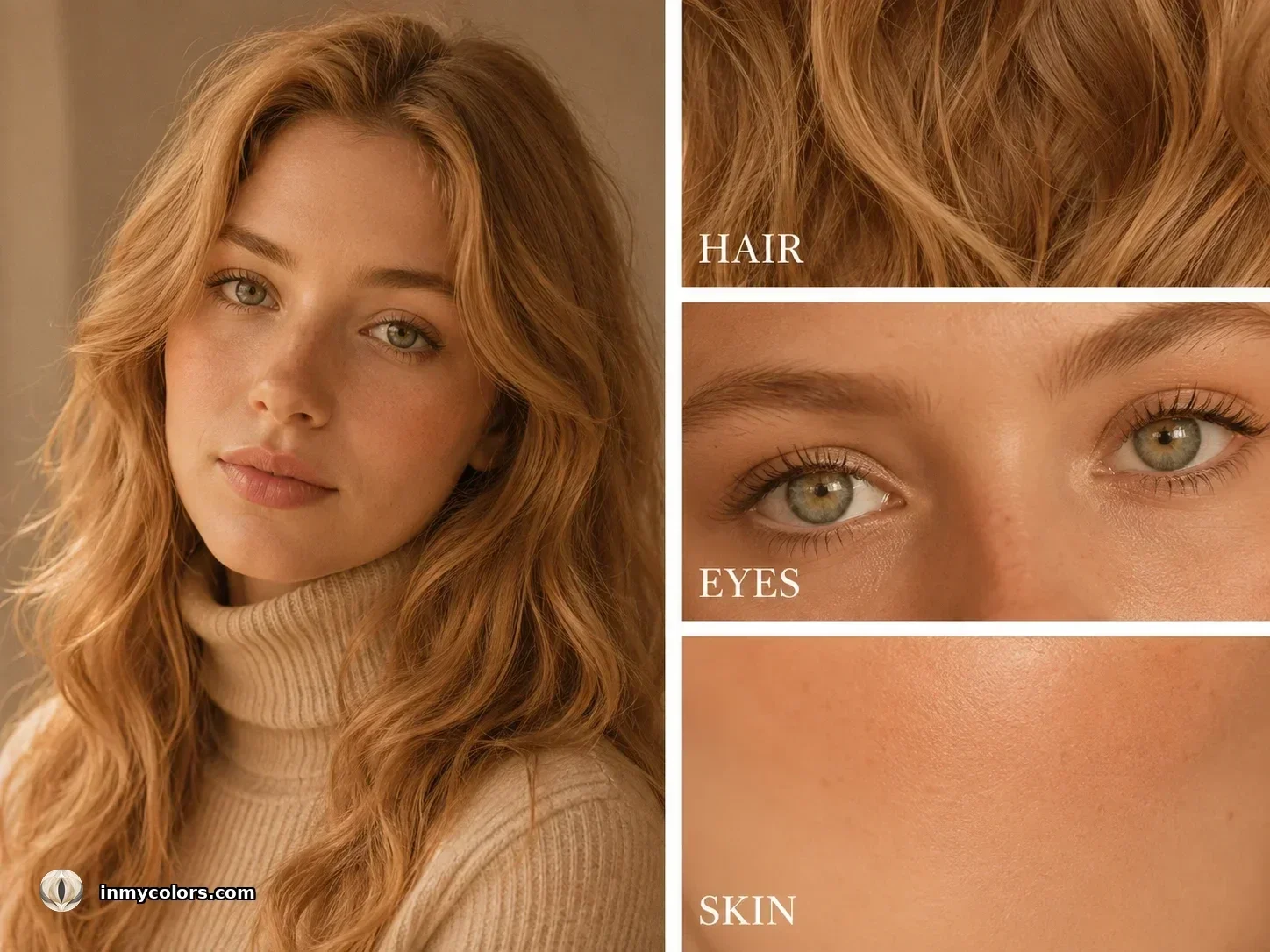 What makes a Soft Autumn — portrait with warm golden-strawberry hair, soft grey-green hazel eyes, and warm peachy skin, plus close-ups of HAIR, EYES, SKIN
