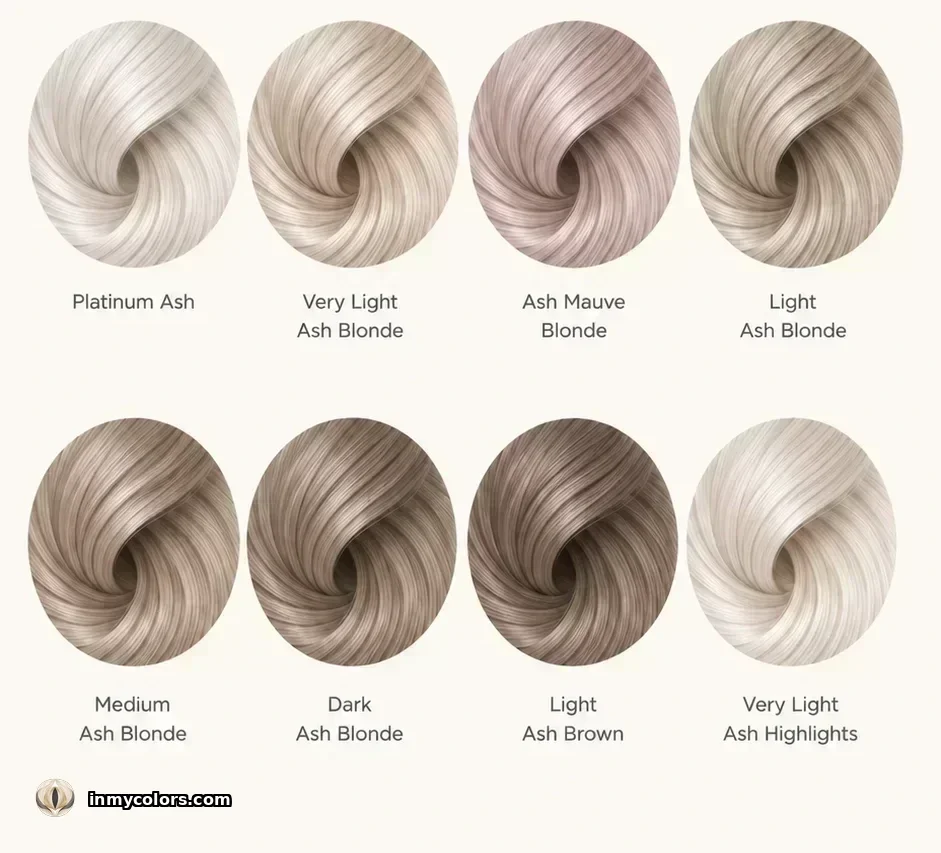 Recommended hair colour swatches for Soft Summer: ash blonde, cool medium brown, muted platinum-toned shades