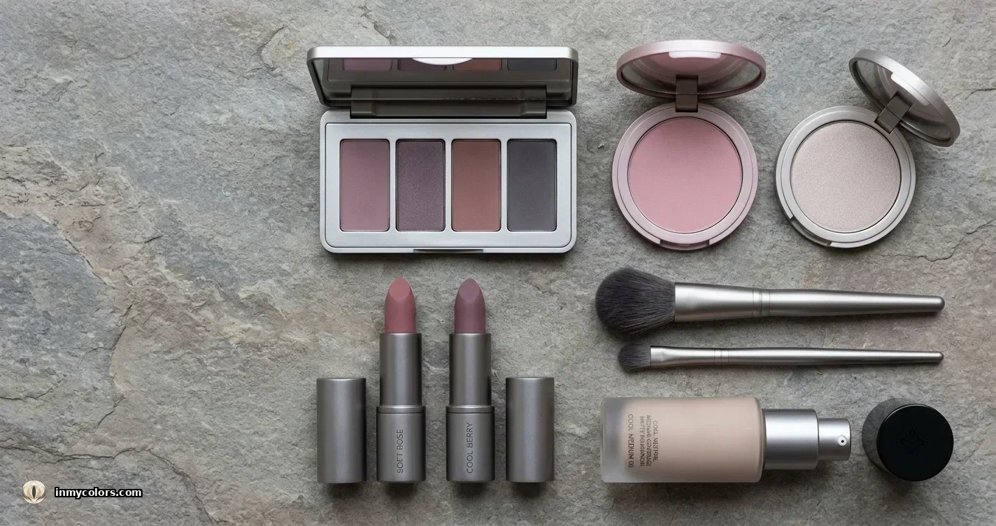 Soft Summer makeup flat-lay — dusty mauve lipstick, muted cool rose blush, greyed taupe eyeshadow, pewter liner