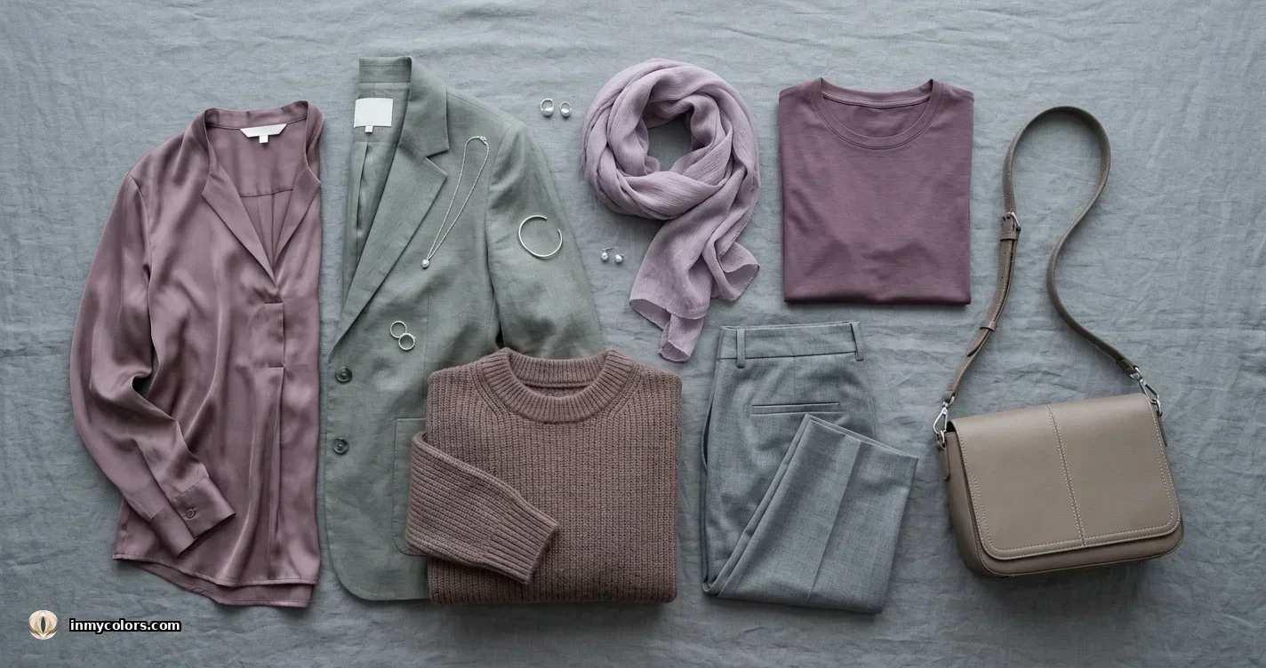 Soft Summer wardrobe capsule flat-lay — dusty mauve, muted blue-grey, cool greige, soft plum, pewter tones