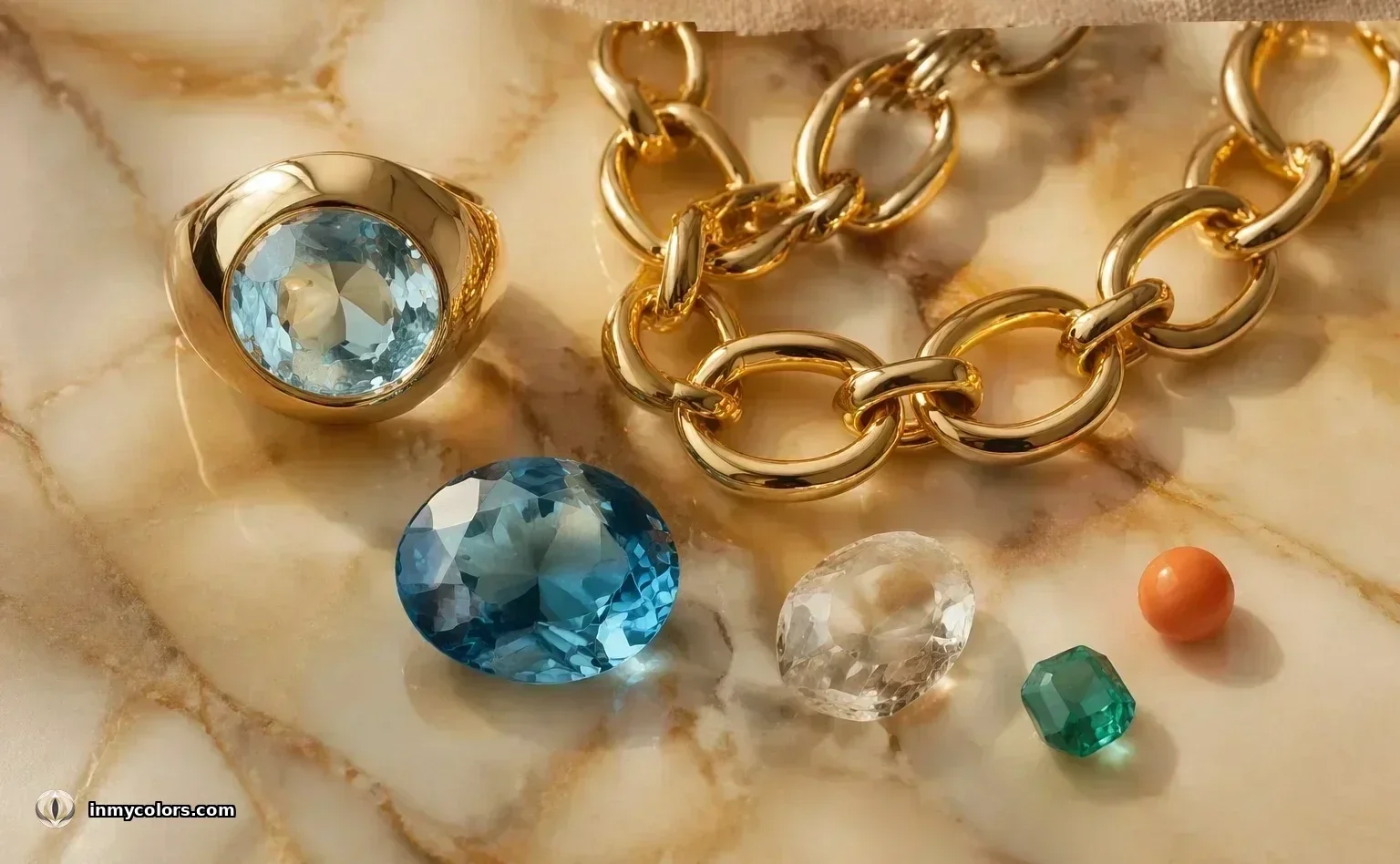 Bright Spring jewellery — large chunky yellow gold chain bracelet, vivid blue topaz ring in yellow gold bezel, loose blue topaz and small emerald on warm honey marble