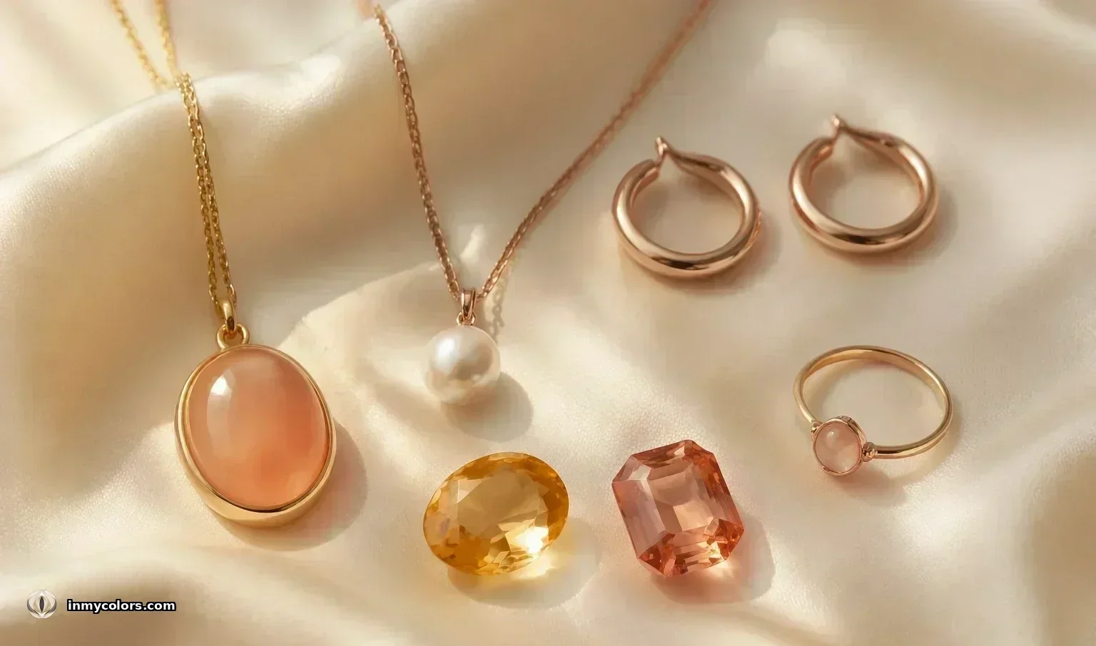 Light Spring jewellery — rose gold chain with peach moonstone pendant, pearl pendant in rose gold, rose gold hoop earrings and pale pink stone ring with loose citrine and peachy morganite on warm cream silk