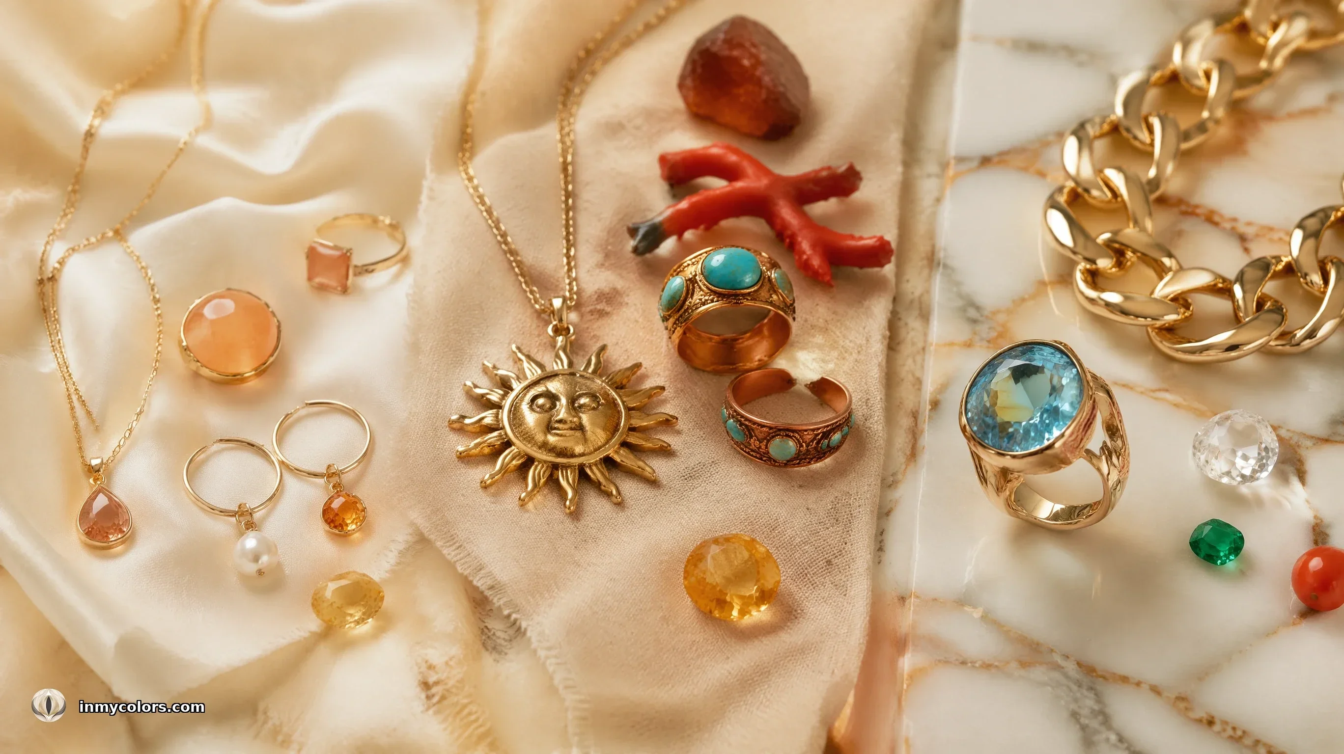 Spring season jewellery flat-lay — yellow gold chains, warm topaz, citrine, coral and turquoise pieces on warm fabric