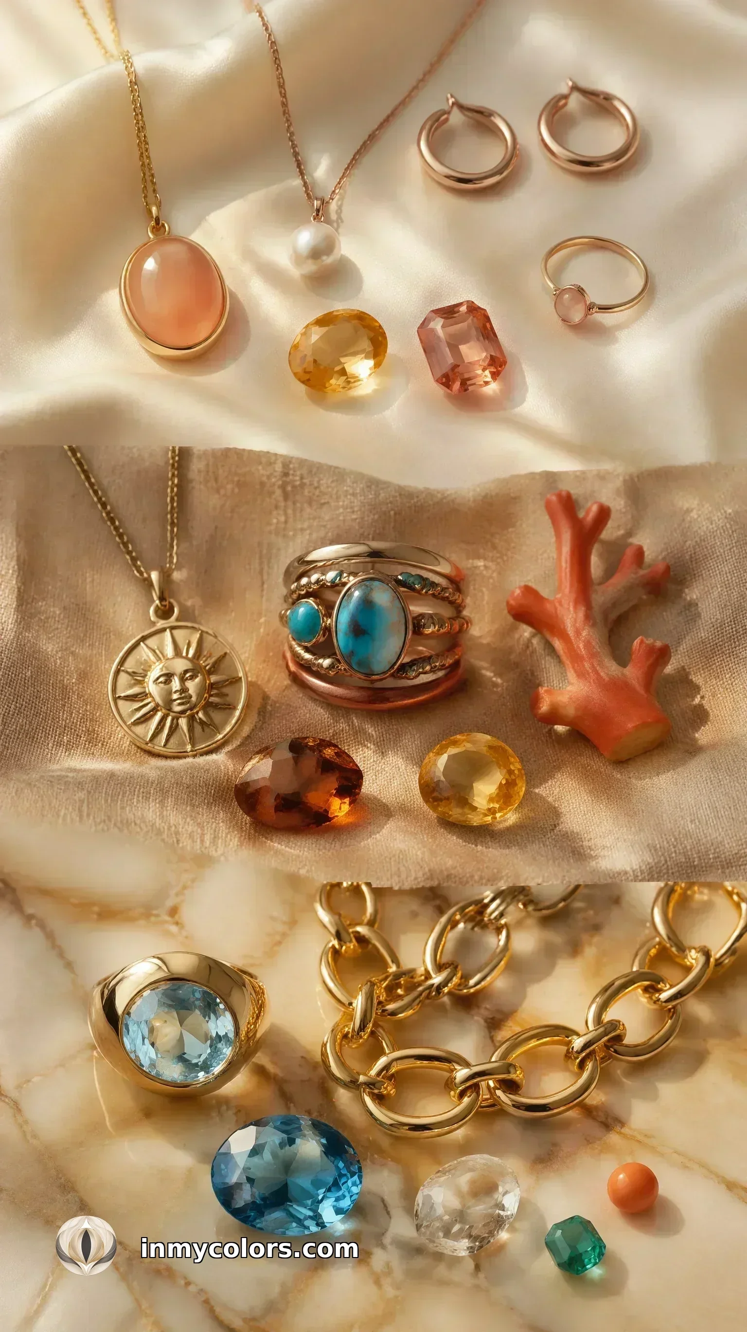 Spring season jewellery guide with yellow gold, rose gold, warm topaz, coral, citrine, and amber gemstone pieces for True, Light, and Bright Spring