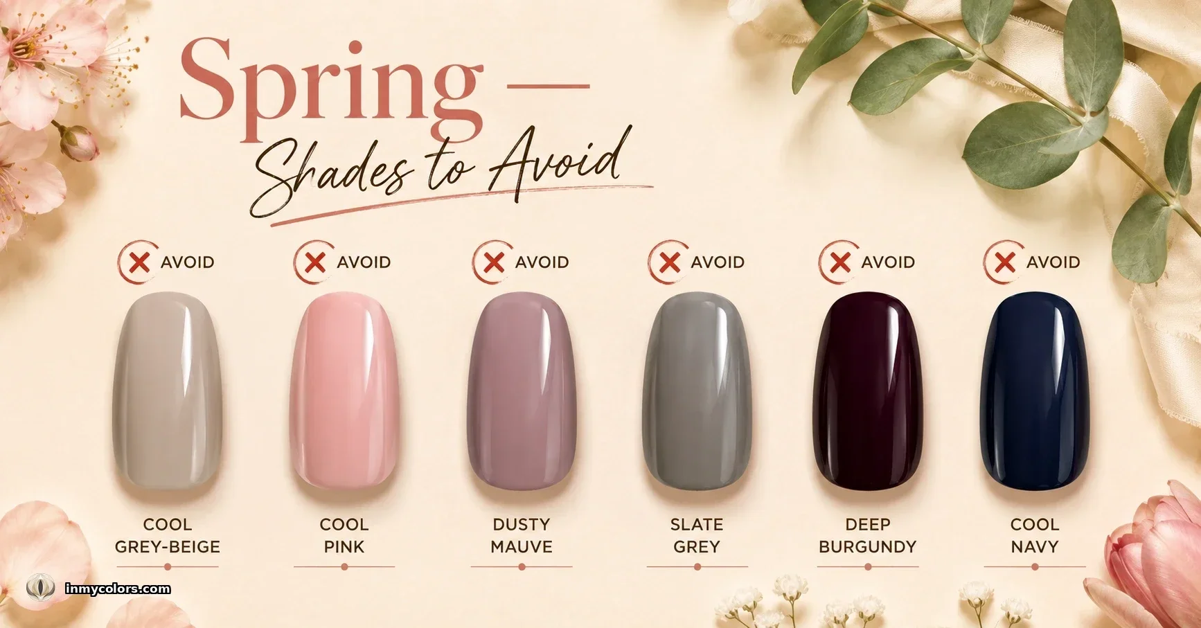 Spring nail shades to avoid — six cool-toned nail swatches labeled Cool Grey-Beige, Cool Pink, Dusty Mauve, Slate Grey, Deep Burgundy and Cool Navy with avoid markers
