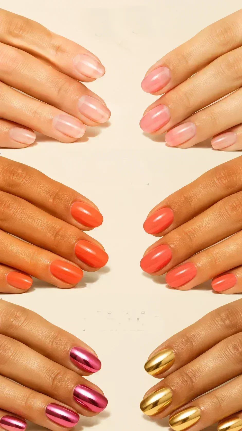 Spring season nail colour palette with warm coral, fresh peach, golden orange, and warm nude shades with gloss finish for True, Light, and Bright Spring