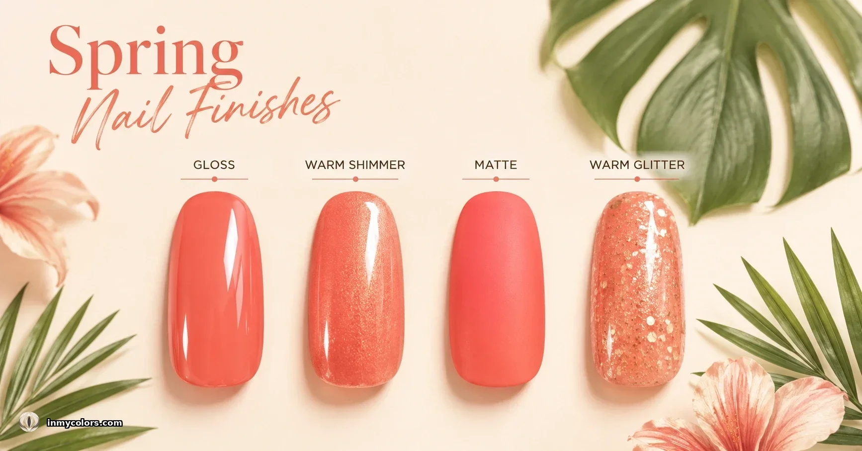 Spring nail finishes guide — four coral nail swatches labeled Gloss, Warm Shimmer, Matte and Warm Glitter on a warm cream background with tropical leaves