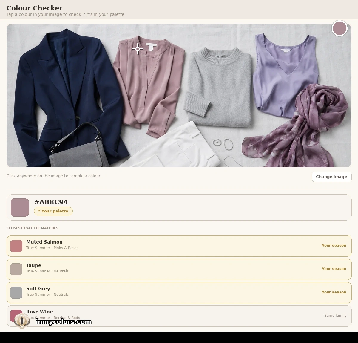 In My Colors Colour Checker tool identifying a garment colour against a season palette