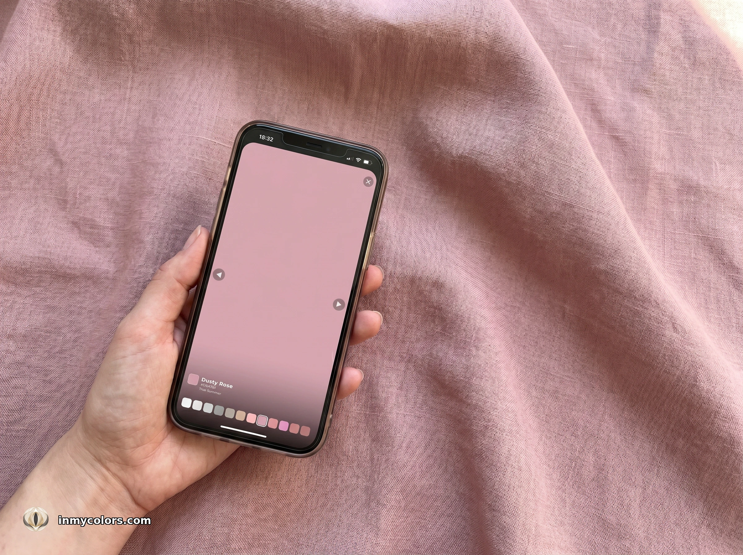 In My Colors Colour Matcher app held against a dusty rose fabric for a real-time colour comparison