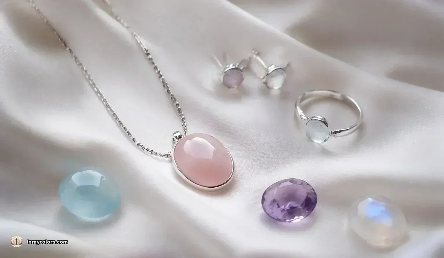 Light Summer jewellery — thin silver cable chain with rose quartz oval pendant, tiny amethyst and moonstone stud earrings, moonstone ring, loose pale aquamarine and moonstone on white silk