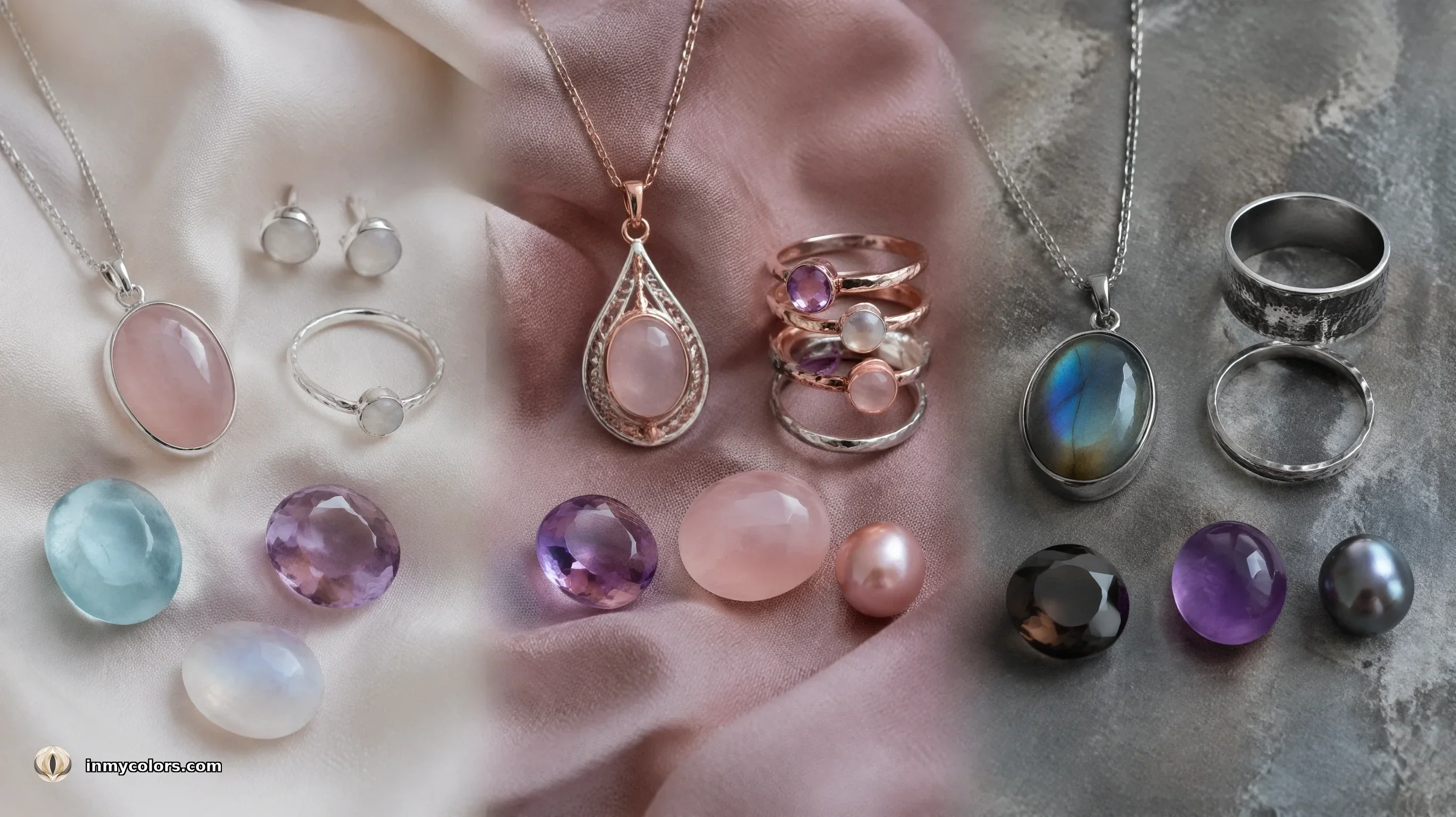 Summer season jewellery flat-lay — brushed silver chains, rose quartz, pale amethyst, grey moonstone and pearl pieces on cool fabric