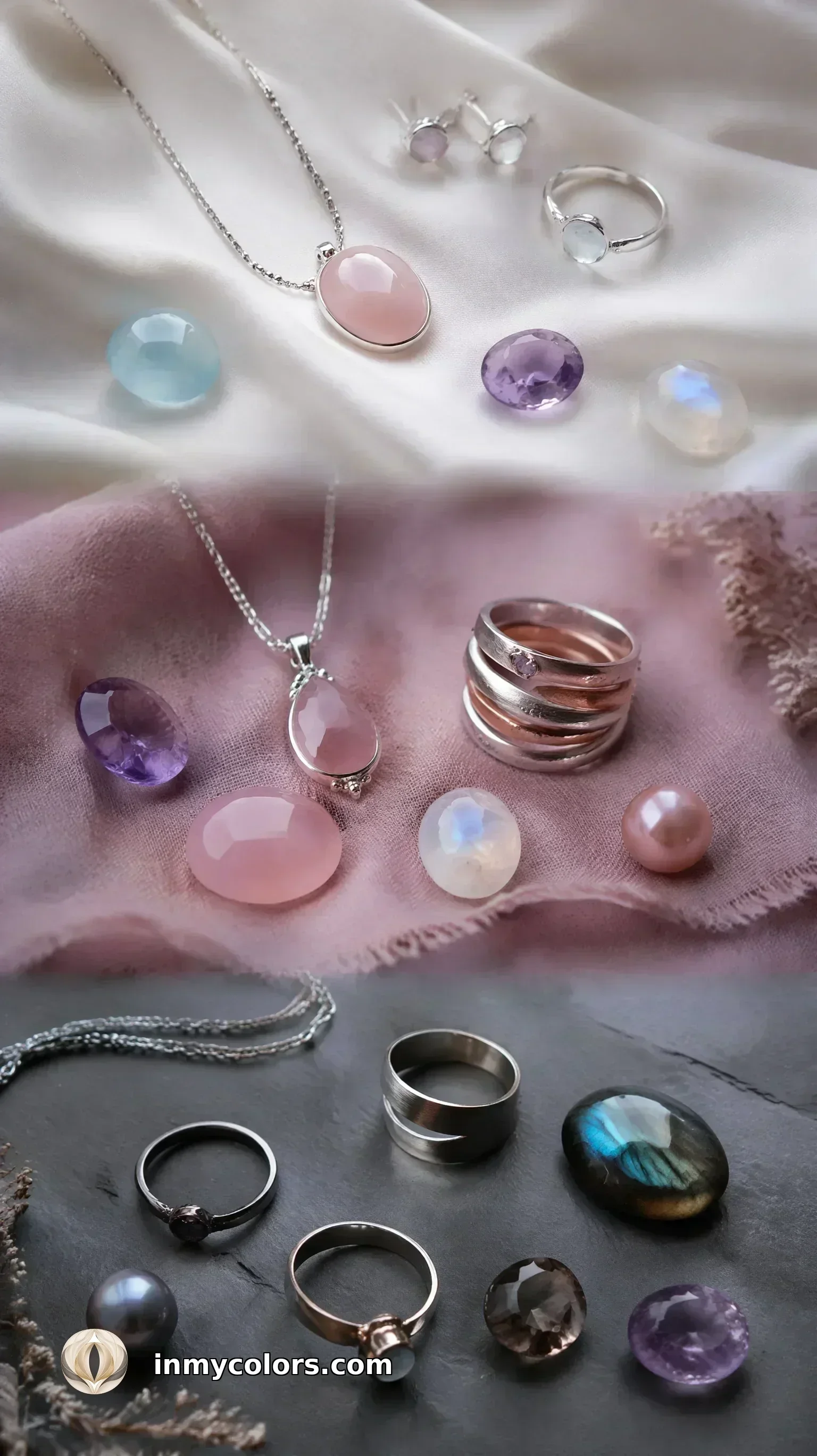 Summer season jewellery guide with silver, white gold, rose quartz, pale amethyst, aquamarine, and pearl pieces for True, Light, and Soft Summer