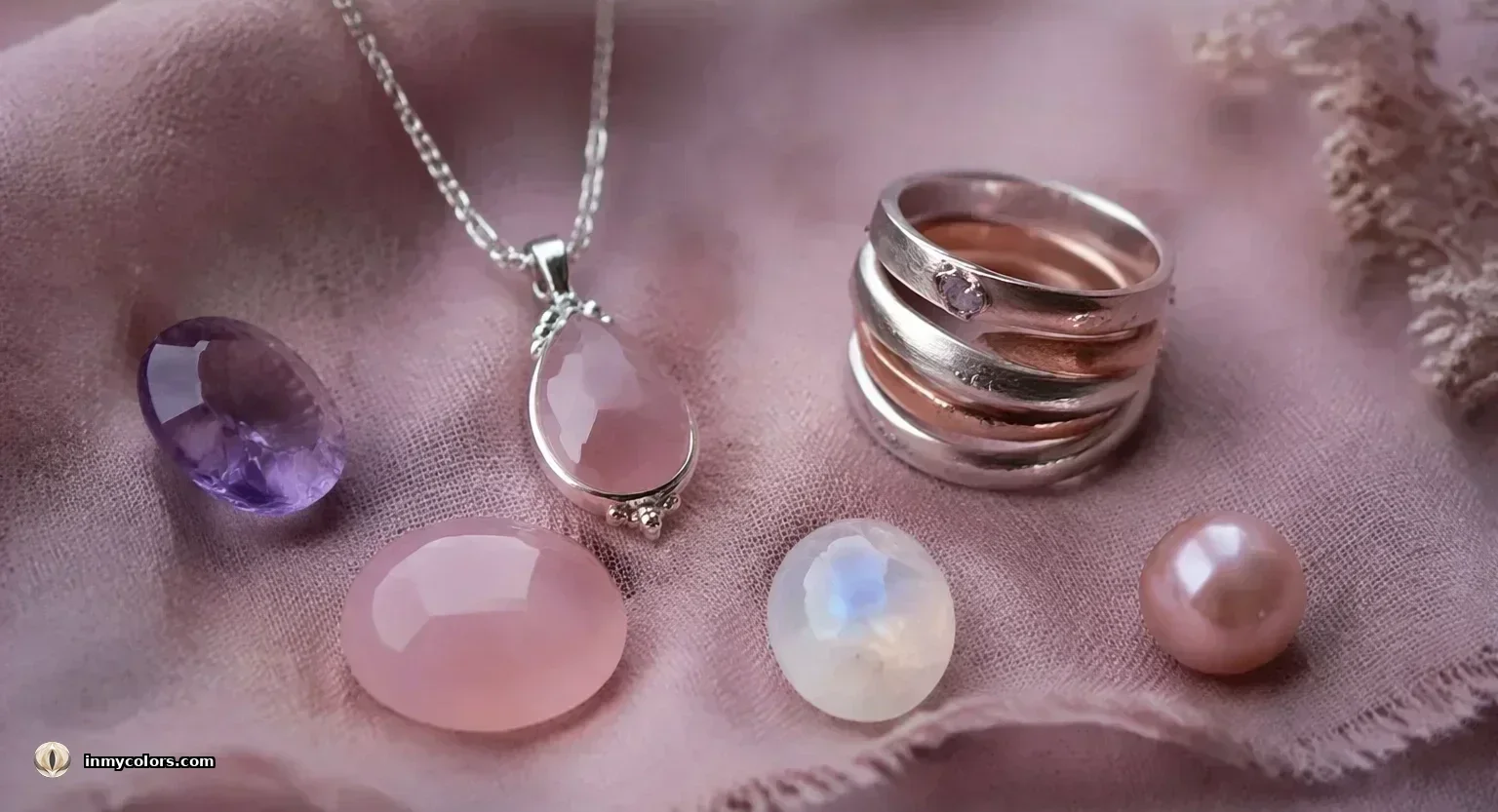 True Summer jewellery — silver chain with rose quartz teardrop pendant, sculptural stacked silver rings with amethyst accent, loose rose quartz, moonstone and dusty pink pearl on mauve fabric