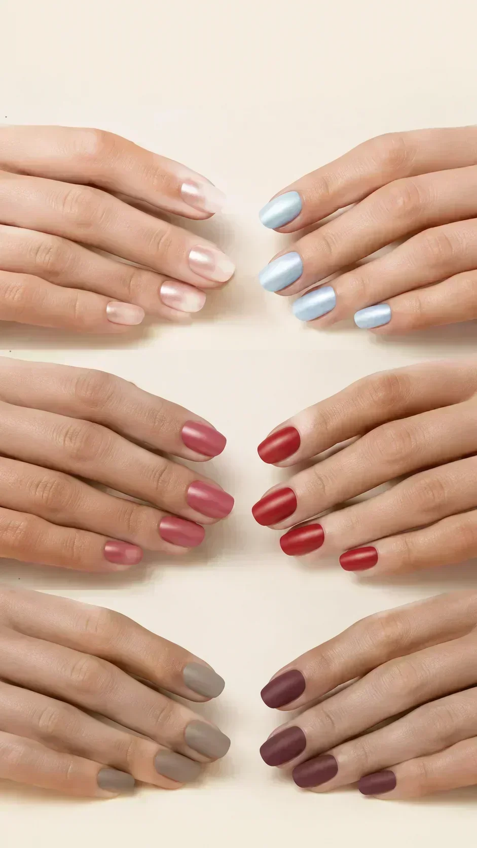 Summer season nail colour palette with dusty rose, mauve, cool pink, and lavender shades with matte and satin finish for True, Light, and Soft Summer