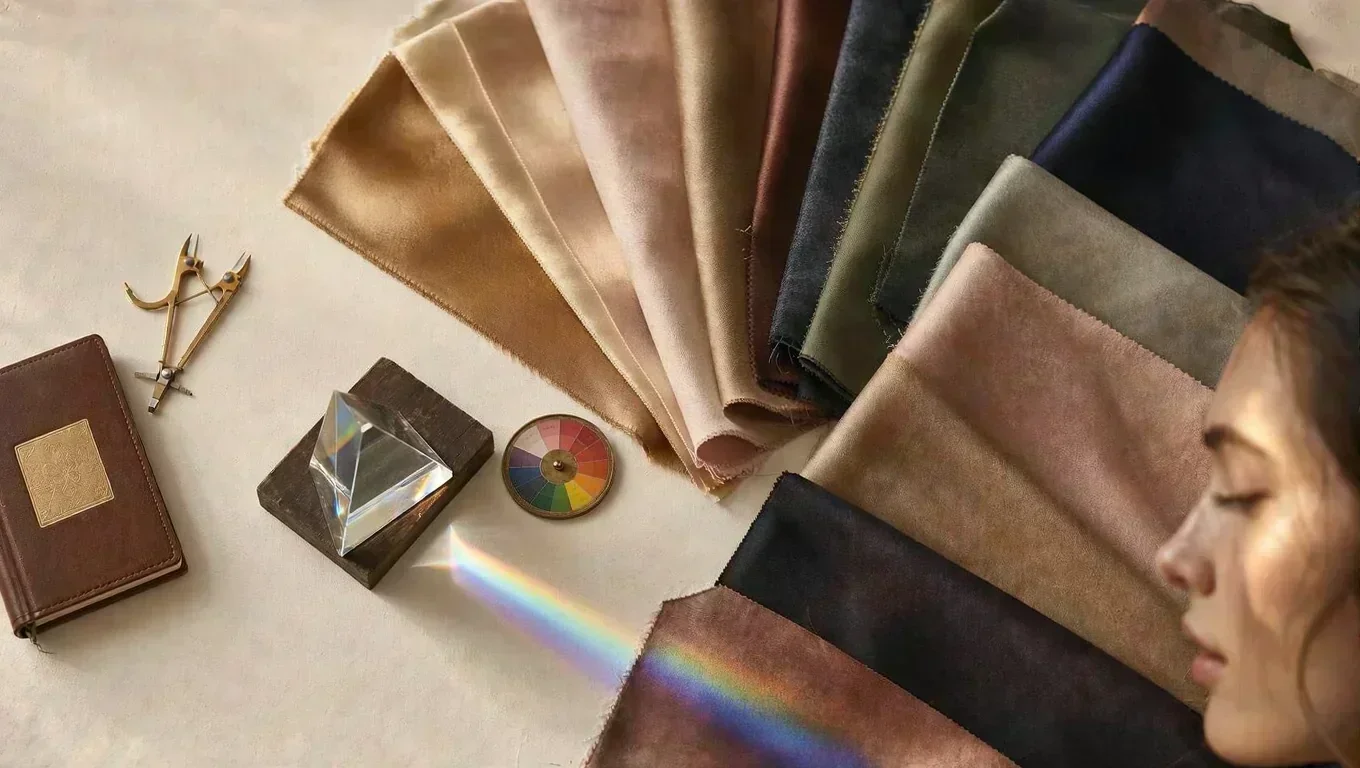 Colour analysis tools: fabric swatches, glass prism, colour wheel, and draping cloths on a cream surface