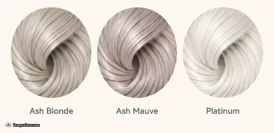 Hair colours to avoid for True Autumn season: ash blonde, cool blonde, platinum, blue-black swatches