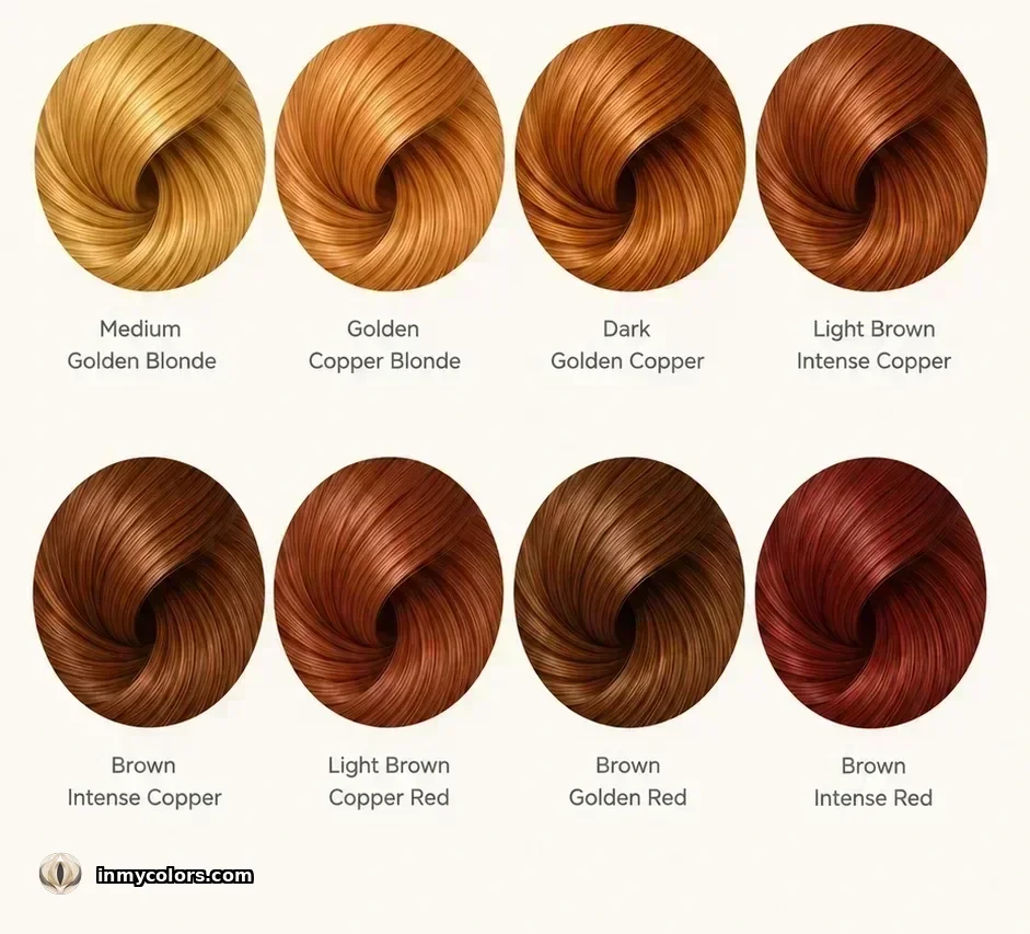 Recommended hair colour swatches for True Autumn: auburn, copper, warm chestnut, golden brown, warm dark brown