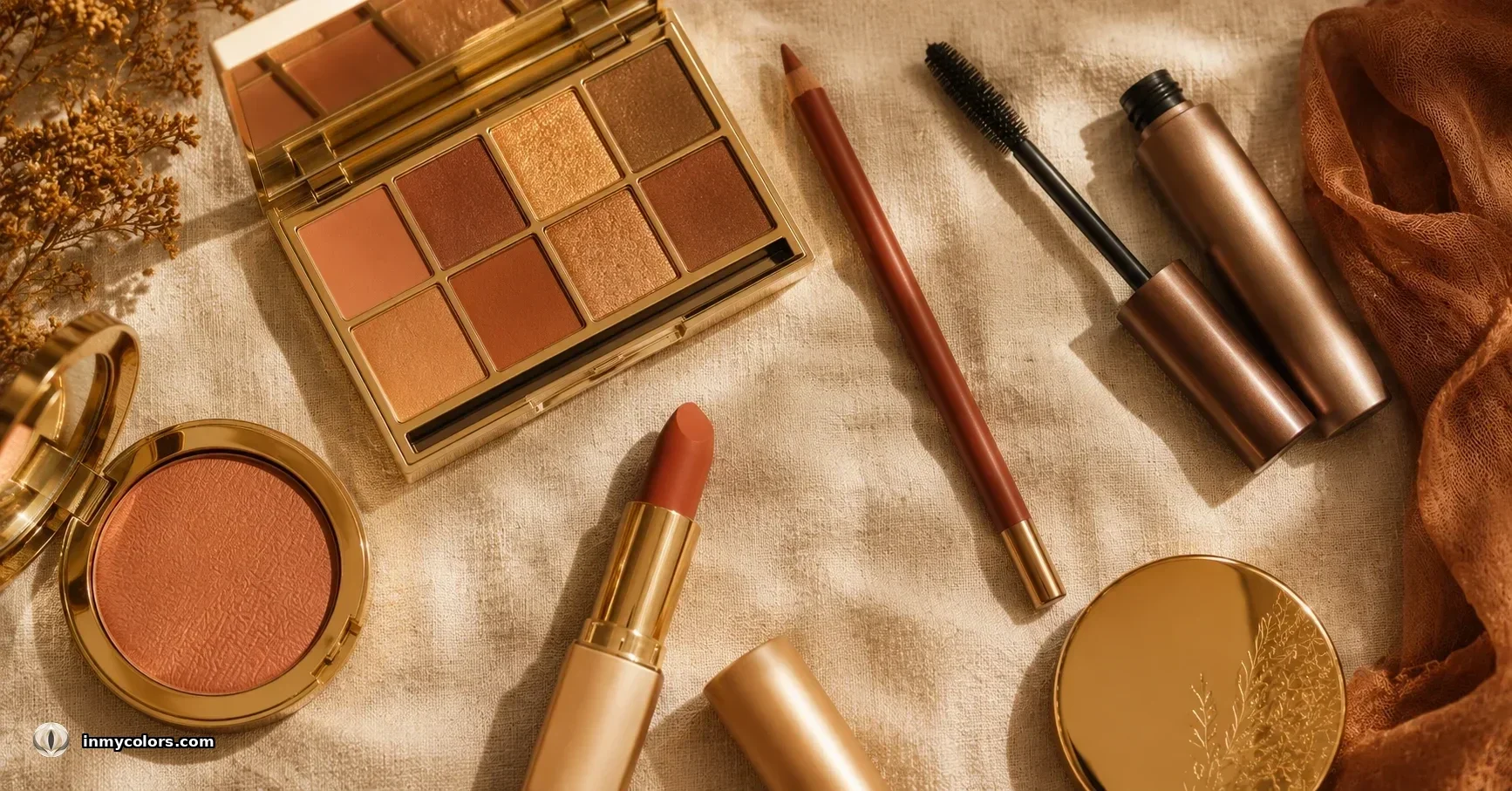 True Autumn makeup flat-lay — golden bronze eyeshadow palette, terracotta lipstick, warm rust lip liner, peach-gold blush, bronze mascara, gold compact