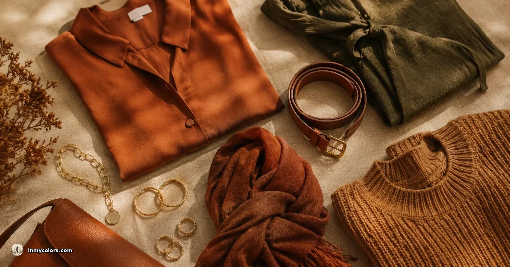 True Autumn wardrobe capsule flat-lay — terracotta blouse, olive linen, camel knit, cognac belt, rust scarf, gold jewellery