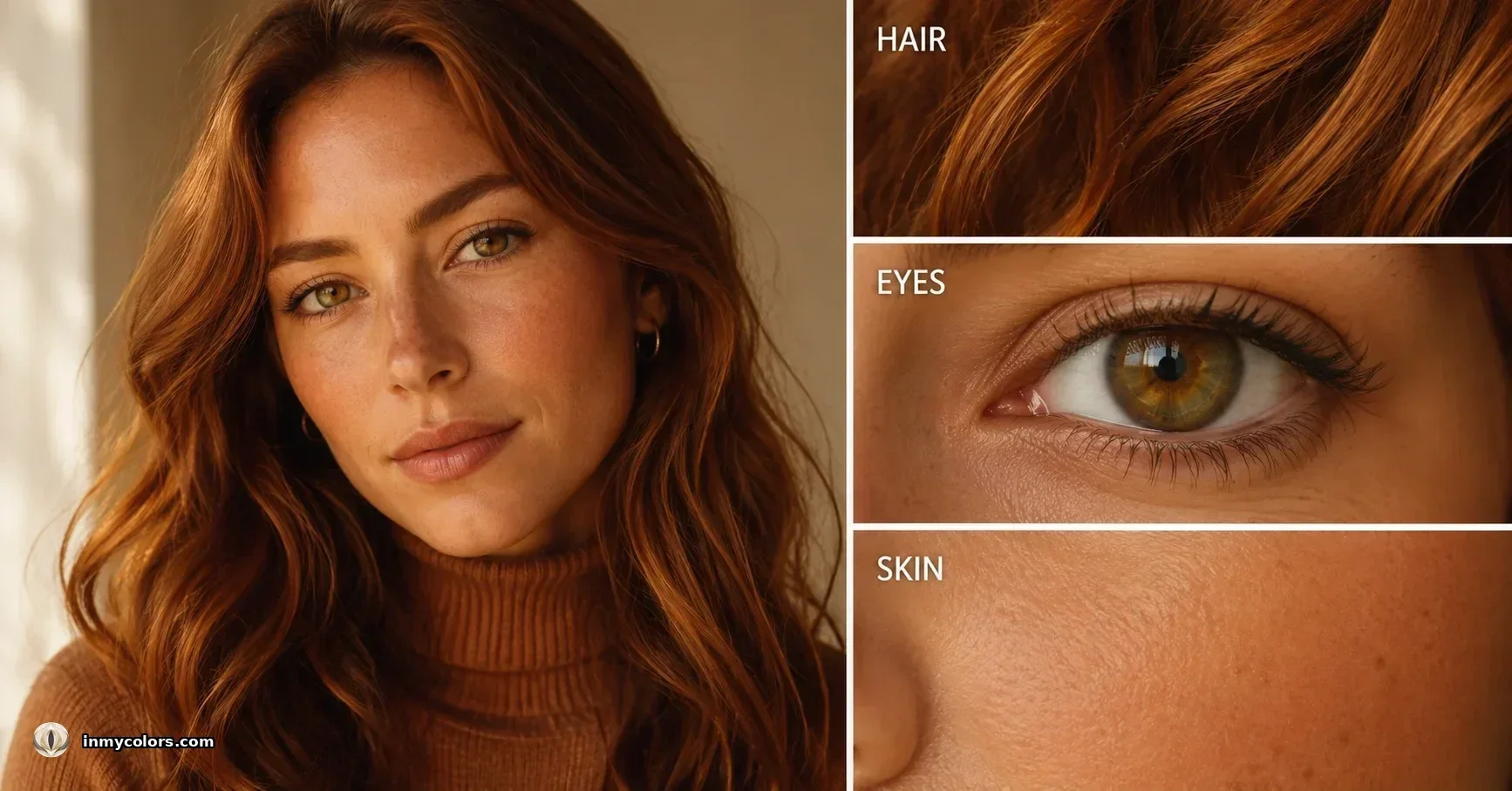 What makes a True Autumn — portrait with warm auburn hair, hazel eyes, and warm golden skin, plus close-ups of HAIR, EYES, SKIN