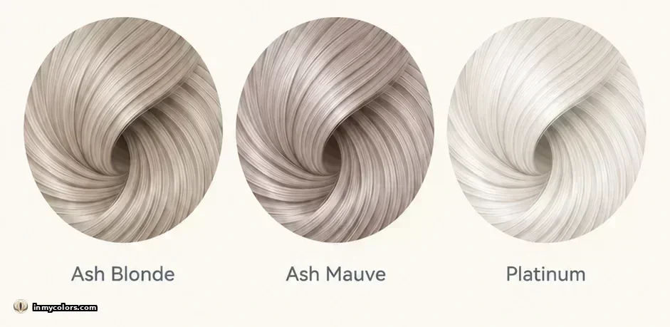 Hair colours to avoid for True Spring season: ash blonde, cool brown, platinum, blue-black swatches