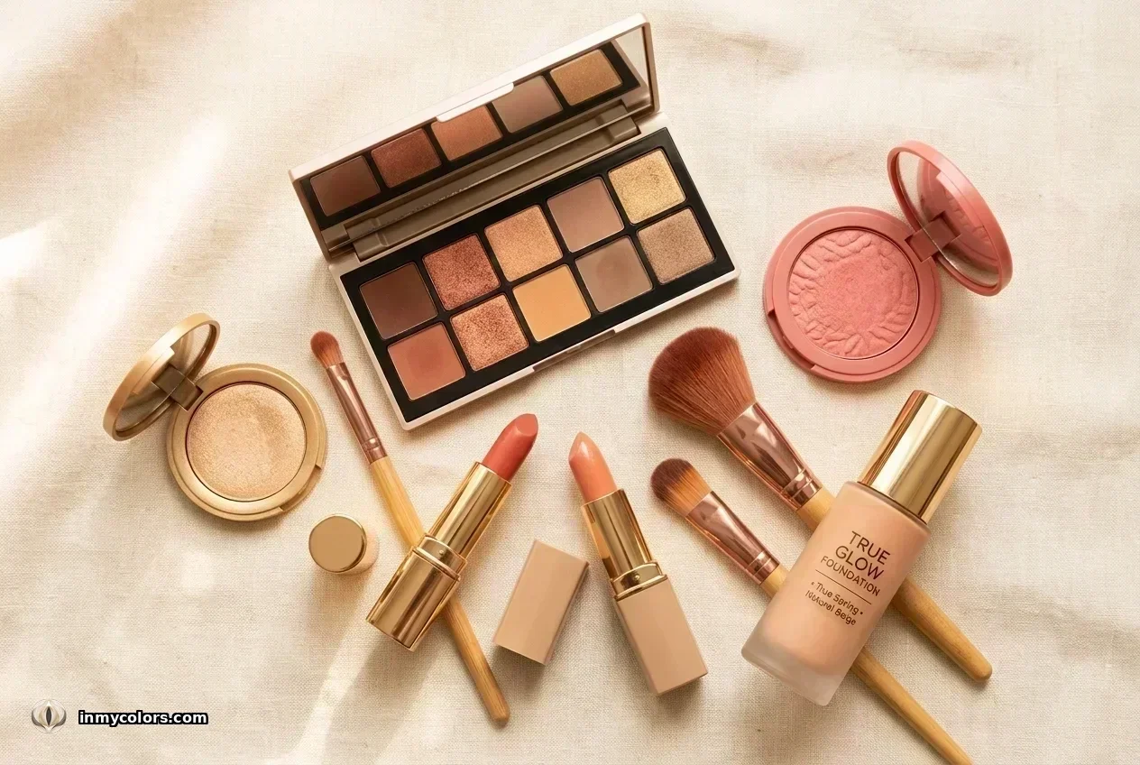 True Spring makeup flat-lay: warm brown and copper eyeshadow palette, coral blush compact, warm coral and peach lipsticks, gold highlighter, peachy-beige foundation, and rose-gold brushes