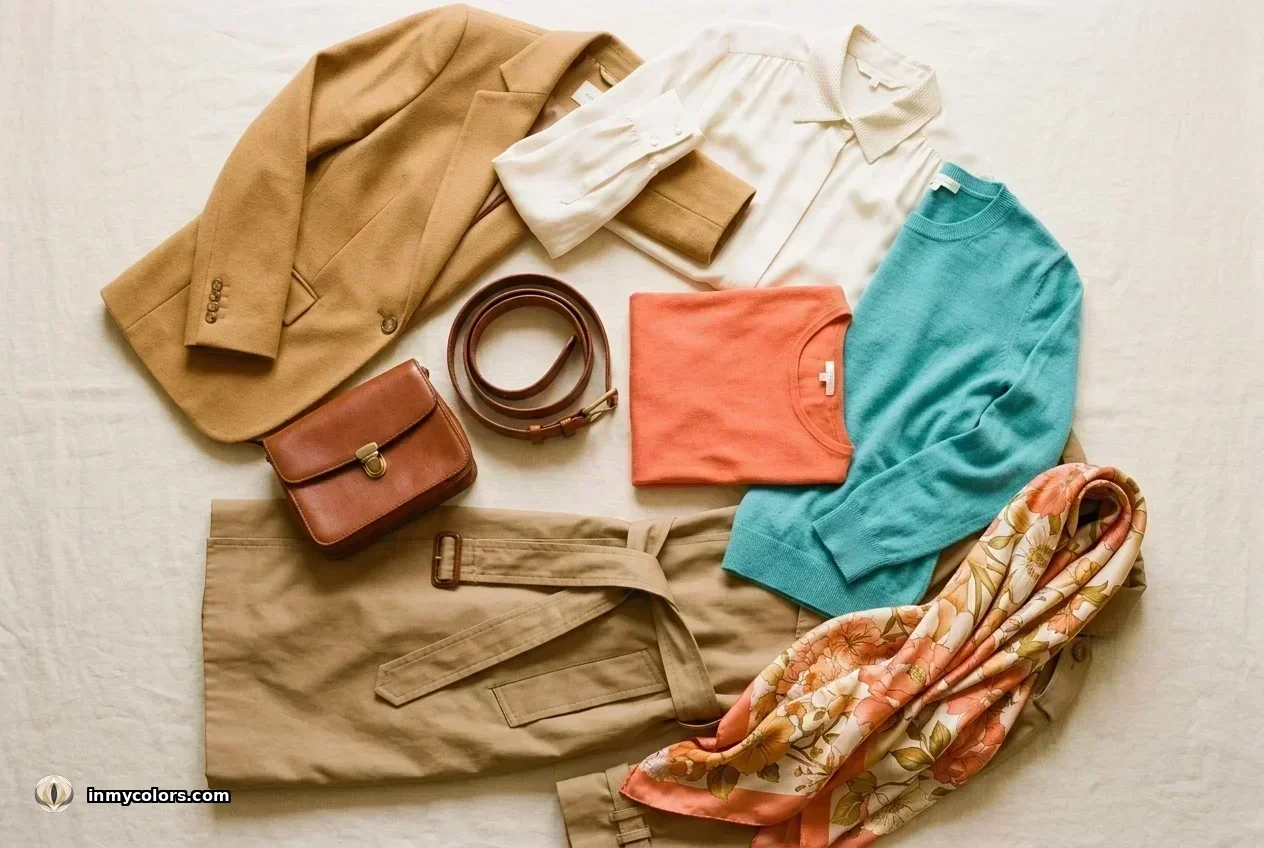 True Spring capsule wardrobe flat-lay: camel blazer, warm ivory blouse, coral top, turquoise knit, cognac leather bag and belt, warm tan trench coat, and a floral scarf in coral, peach and golden yellow
