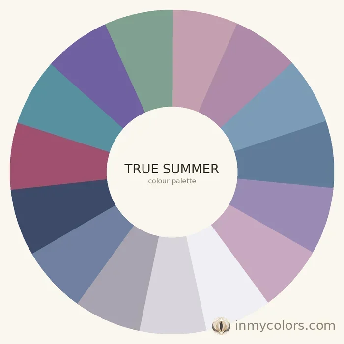 True Summer colour palette wheel showing 15 shades: dusty rose, soft mauve, cornflower blue, steel blue, cool lavender, dusky pink, soft white, pale grey, blue grey, muted navy, soft berry, dusty teal, dusty plum, cool sage