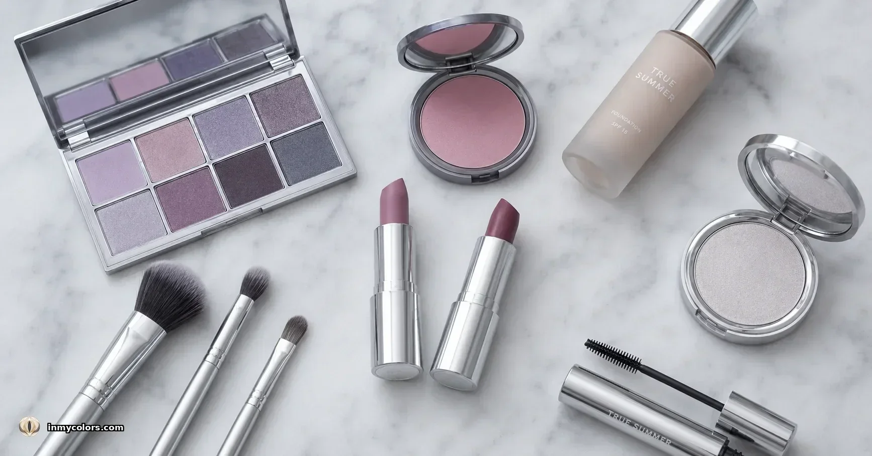 True Summer makeup flatlay — cool lavender and mauve eyeshadow palette, dusty rose and berry lipsticks, cool pink blush, silver highlighter, cool foundation, and mascara on marble