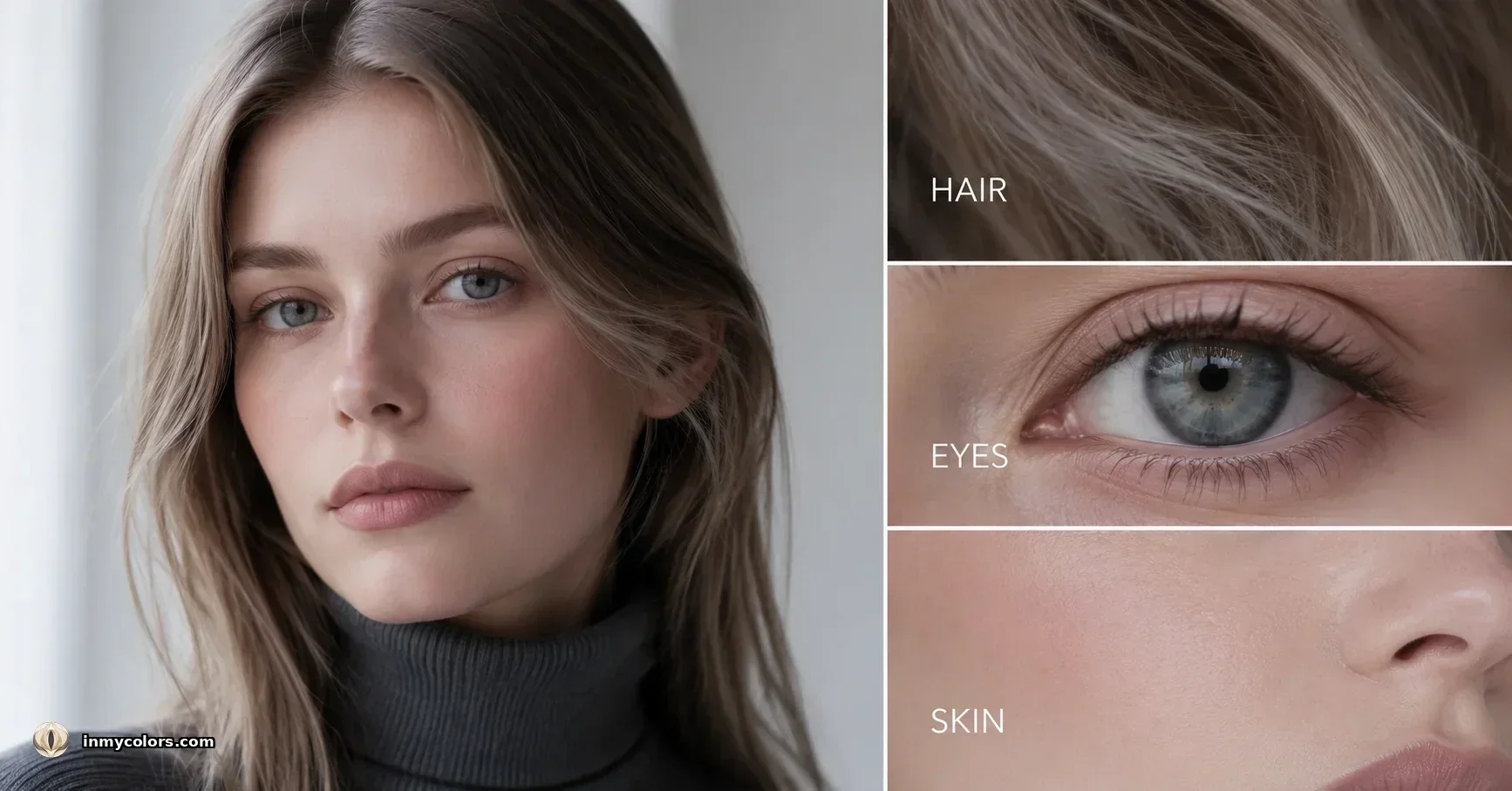 What makes a True Summer — portrait with ash brown hair and cool grey-blue eyes, with close-up panels labelled HAIR, EYES, SKIN
