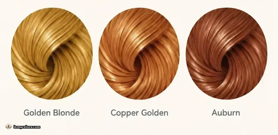 Hair colours to avoid for True Winter season: warm highlights, auburn, caramel, golden brown swatches