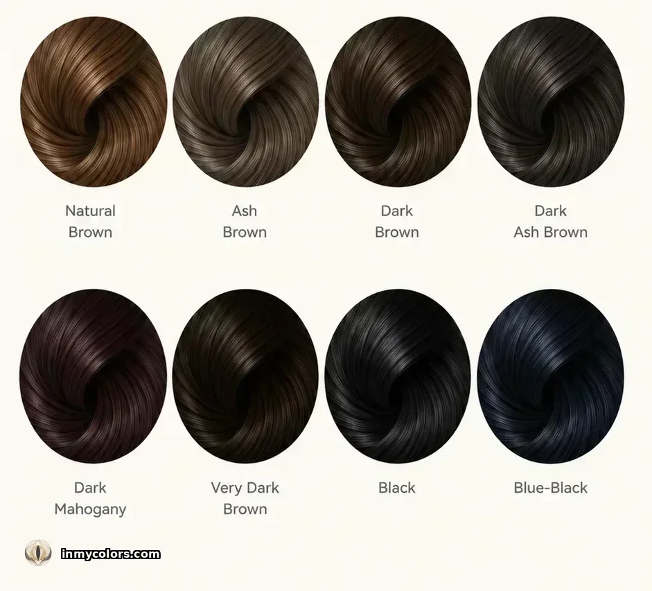 Recommended hair colour swatches for True Winter: cool dark brown, blue-black, near-black, cool black