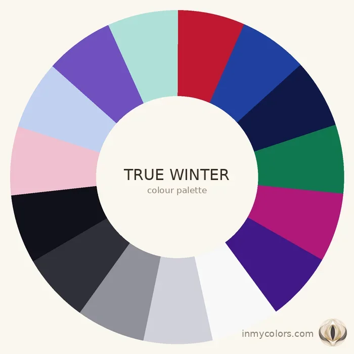 True Winter colour palette wheel — cool, clear, high-contrast tones including true red, cobalt, cool emerald, fuchsia, navy, icy pink, and icy blue