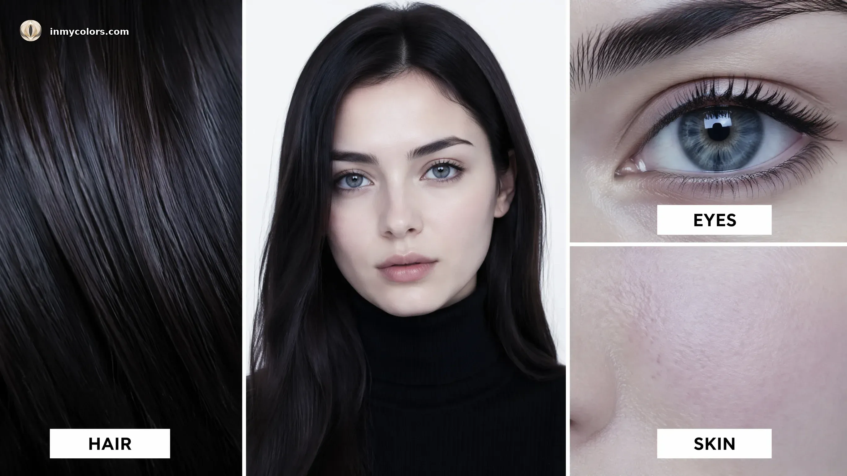 What makes a True Winter — portrait with cool dark brown near-black hair, vivid cool blue or dark eyes, and fair-to-medium cool skin with high natural contrast