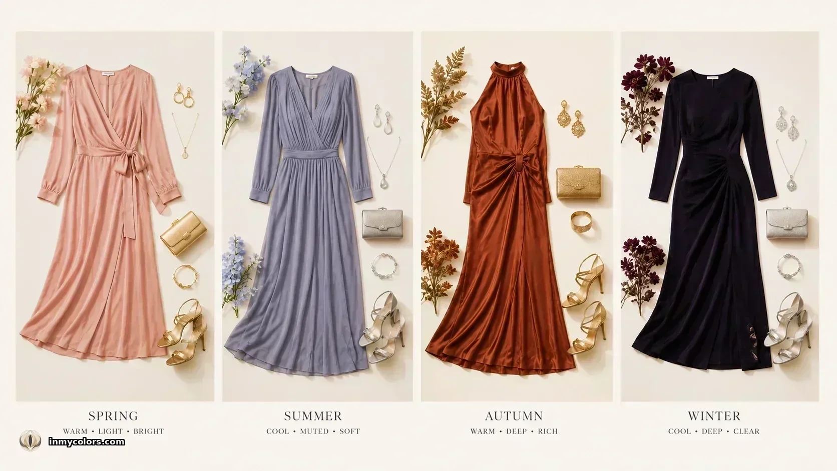 Wedding guest outfits by season — blush wrap dress Summer, cobalt blue gown Winter, rust silk Autumn, navy gown Spring
