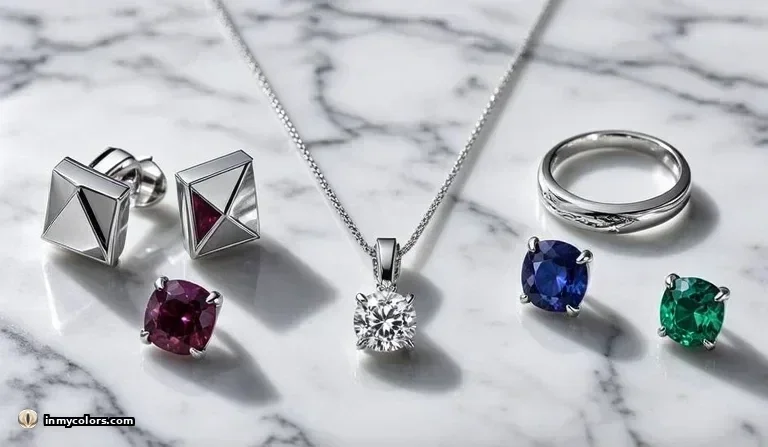 Bright Winter jewellery — geometric silver stud earrings with vivid magenta stone, diamond solitaire pendant, platinum band, loose vivid blue sapphire, vivid emerald and deep ruby on white marble