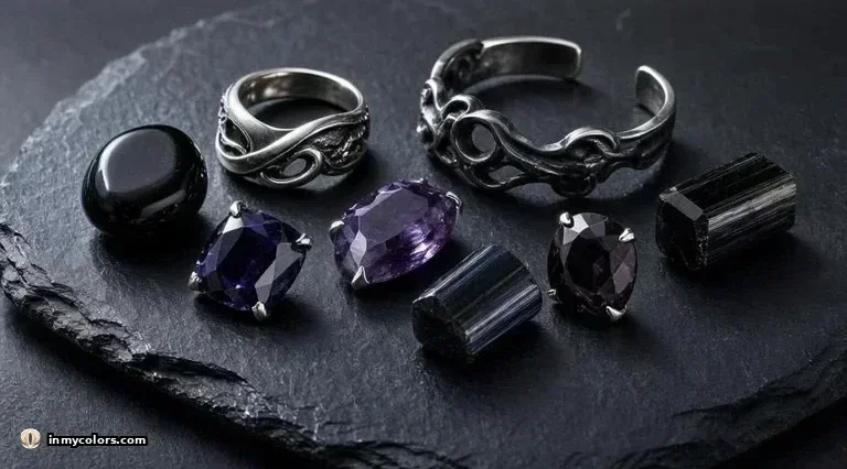 Dark Winter jewellery — oxidised silver ornate rings with swirling patterns, open oxidised silver cuff, loose black onyx, deep iolite, purple amethyst, black tourmaline crystal and raw dark stone on very dark slate