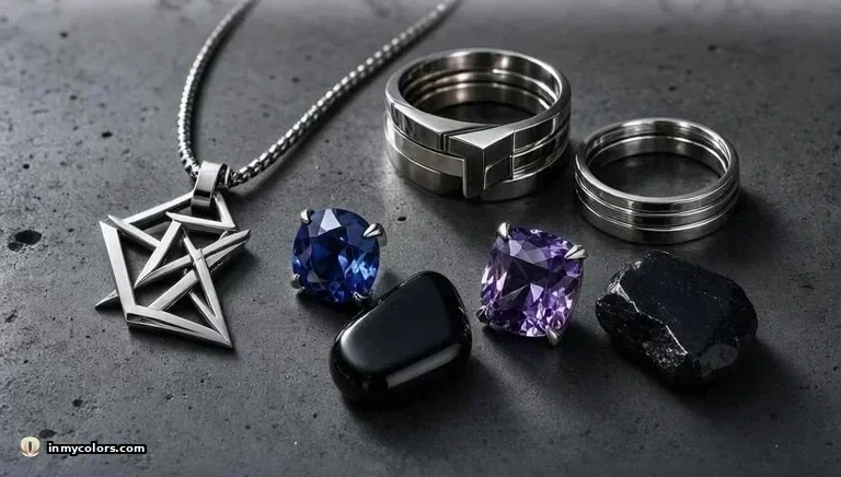 True Winter jewellery — angular geometric star silver pendant, sculptural silver stud earrings, architectural geometric silver rings, loose deep blue sapphire, black onyx, deep amethyst and raw black tourmaline on dark grey concrete
