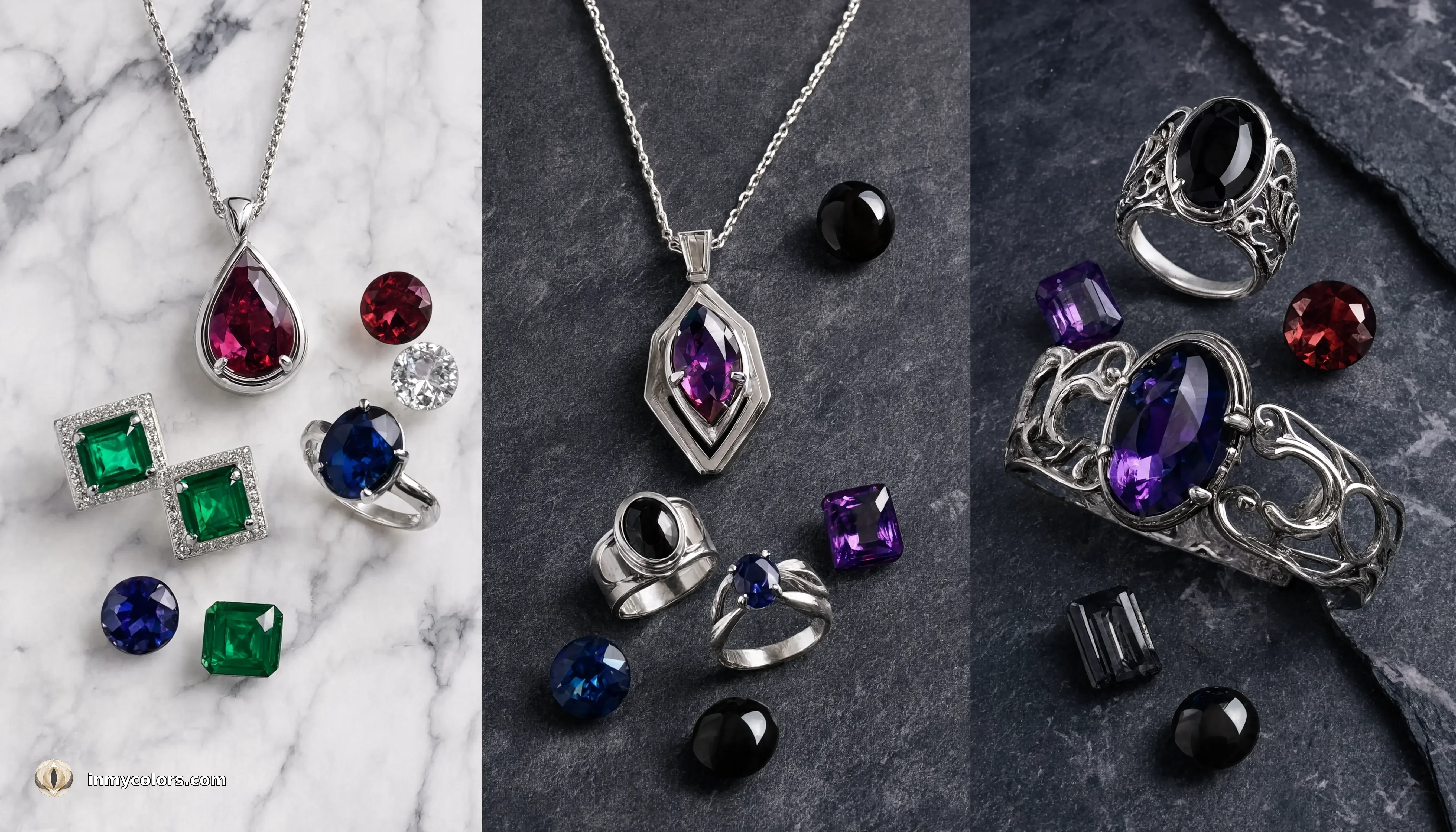 Winter season jewellery flat-lay — polished silver pieces, dark gemstones, sapphire, garnet and dramatic sculptural jewellery on cool marble