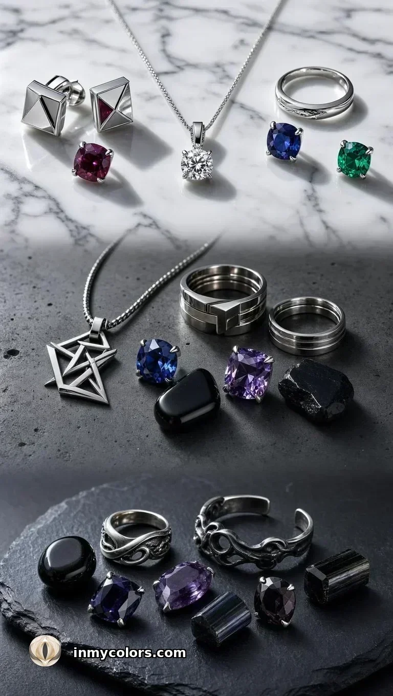 Winter season jewellery guide with silver, platinum, diamond, blue sapphire, amethyst, and emerald pieces for True, Bright, and Dark Winter
