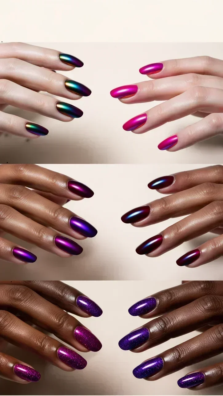 Winter season nail colour palette with cool red, deep burgundy, electric fuchsia, navy, and near-black shades with high-gloss finish for True, Bright, and Dark Winter