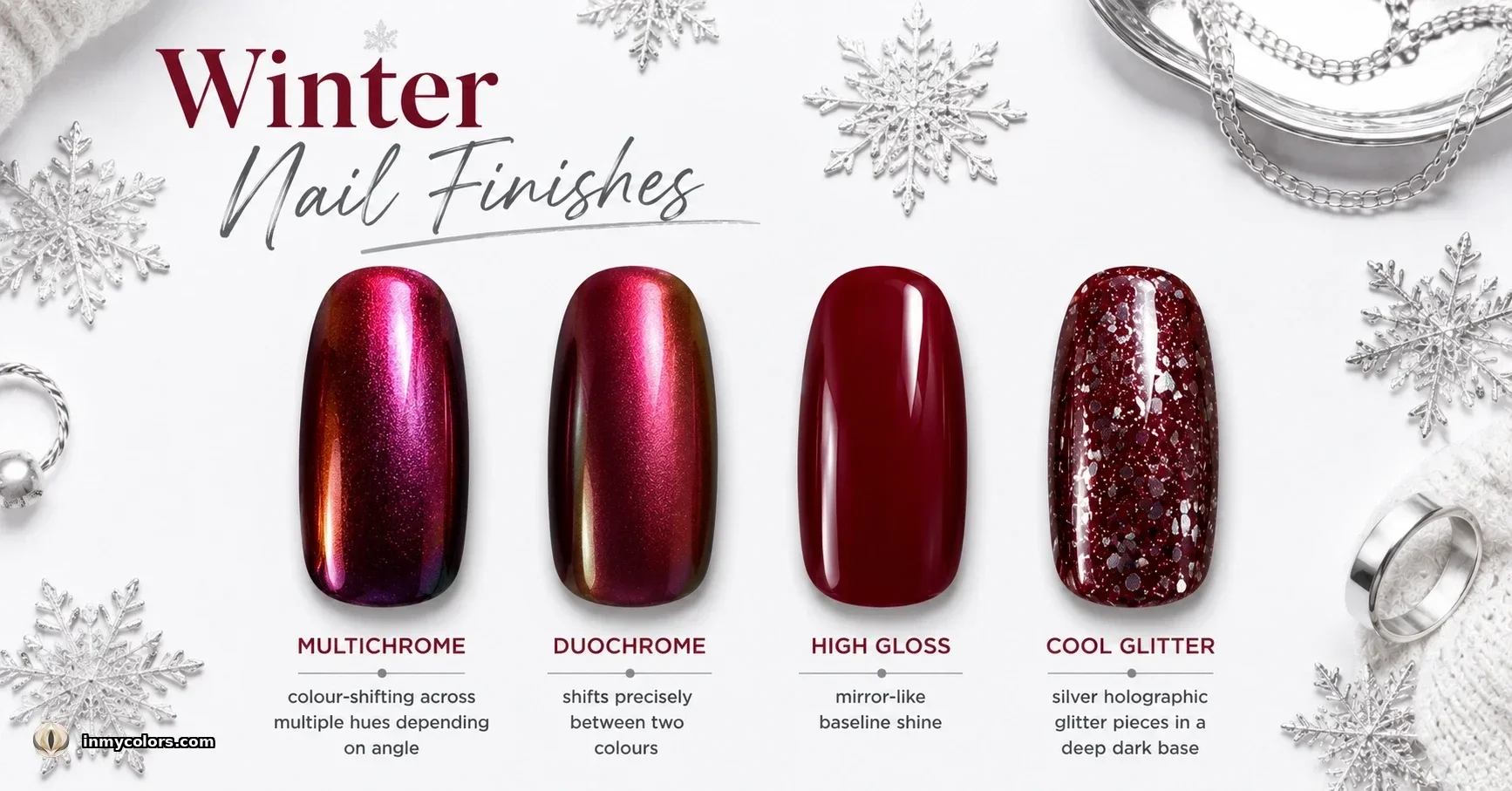 Winter nail finishes guide — four deep red nail swatches labeled Multichrome, Duochrome, High Gloss and Cool Glitter on a crisp white background with silver snowflakes