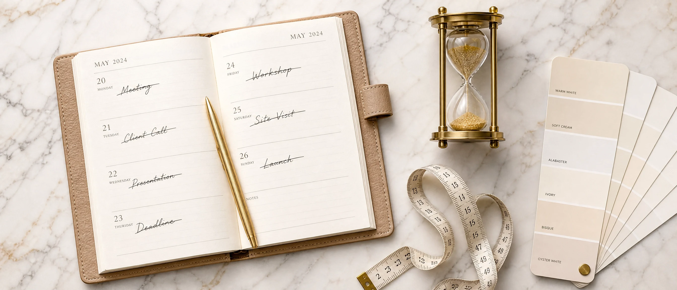 Flat lay editorial — appointment diary, hourglass and colour swatches on marble