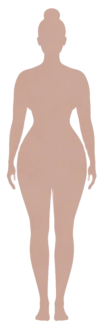 Gold silhouette illustration of Full Hourglass body shape — balanced shoulders and hips with fuller bust, pronounced curves and defined waist