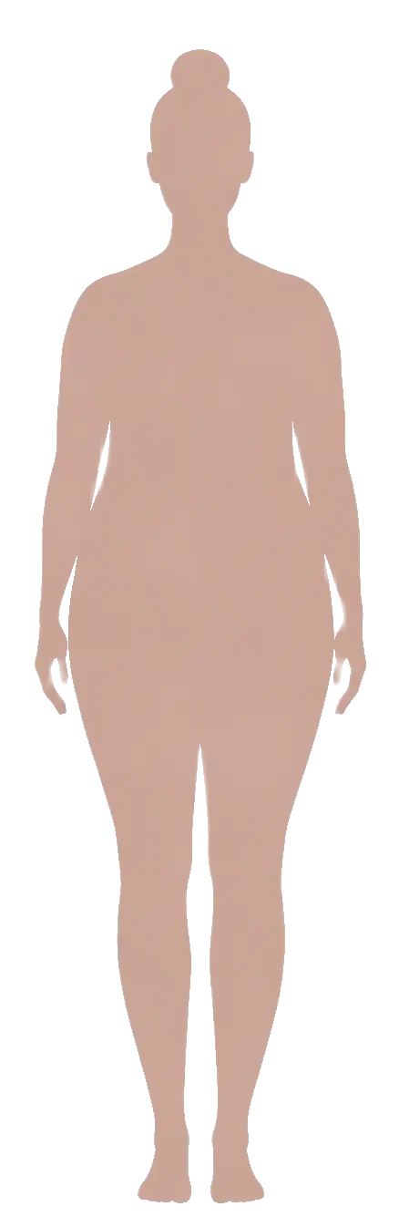 Gold silhouette illustration of Round body shape — fuller through the middle with the waist carrying the most visual weight and narrower shoulders and legs