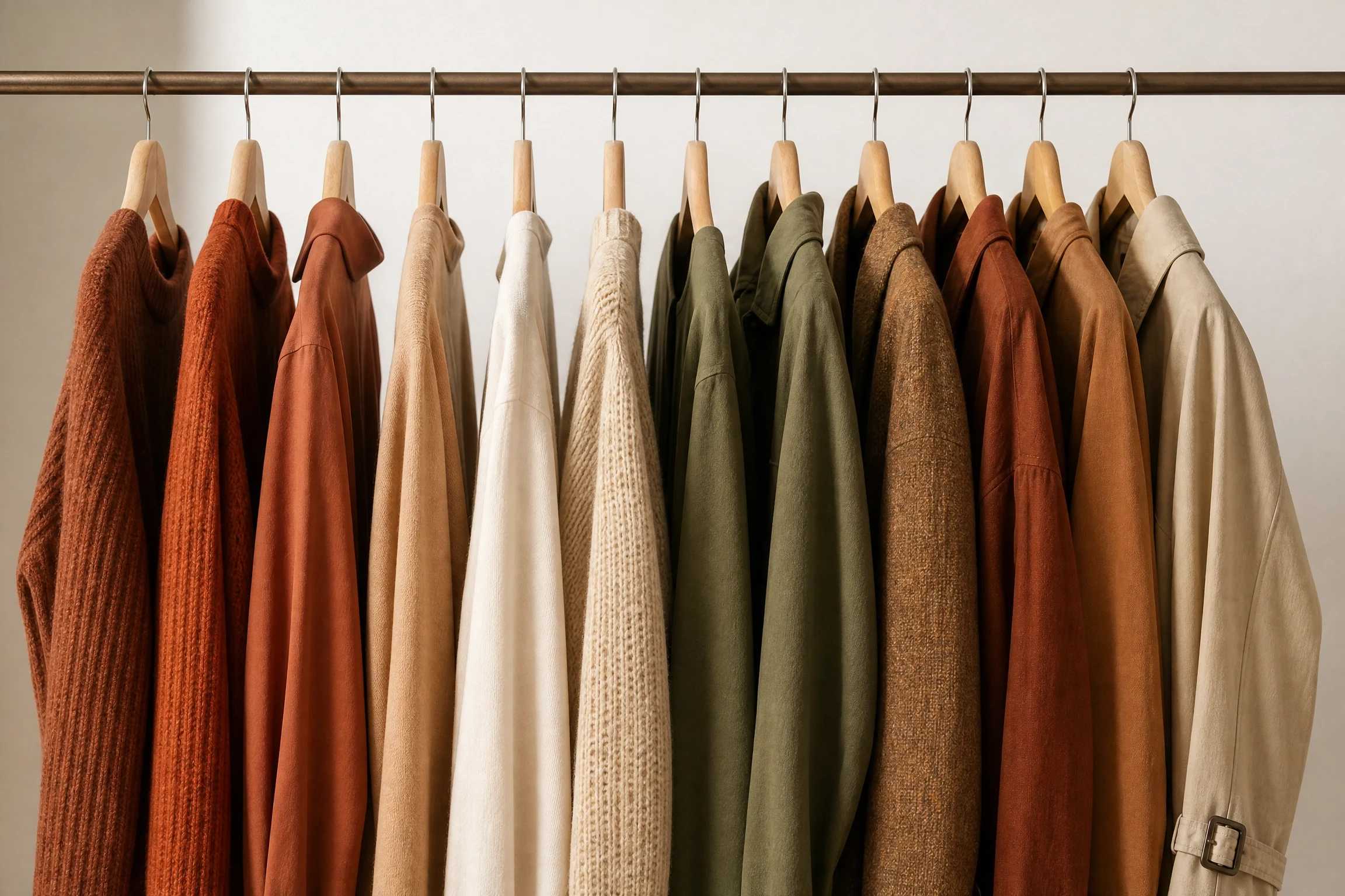 Curated wardrobe rail with harmonious autumn colour palette after knowing your colour season